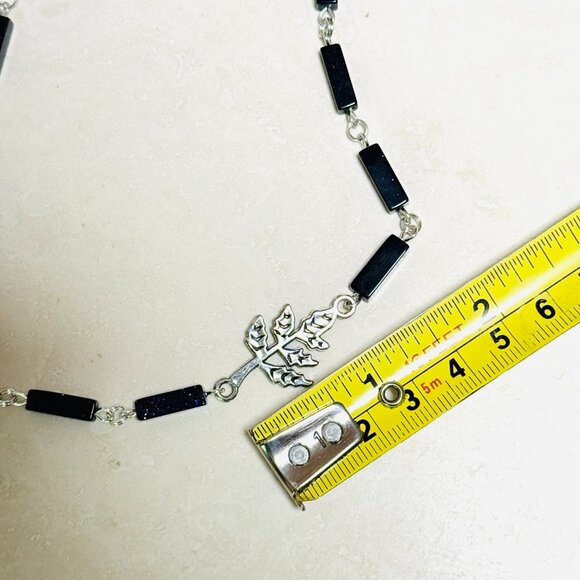 Dark Blue Goldstone Short Necklace w/ Silver Leaf Branch Pendant - Picture 12 of 14